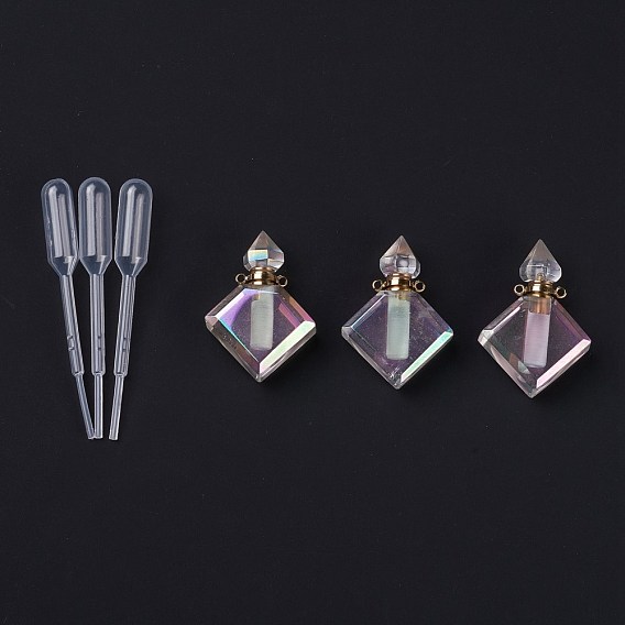 Angel Aura Quartz, Faceted Natural Quartz Crystal Pendants, Openable Perfume Bottle, with Golden Tone Brass Findings and Plastic Dropper, Square