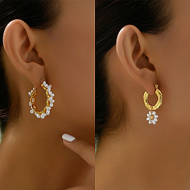Stainless Steel Hoop Earrings for Women, Flower/Rings, Golden