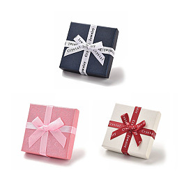 Cardboard Couple Ring Packaging Boxes, Jewelry Gift Case with Sponge Inside for Rings, Square with Bowknot