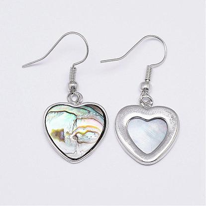 Abalone Shell/Paua Shell Dangle Earrings, with Brass Earring Hooks, Heart