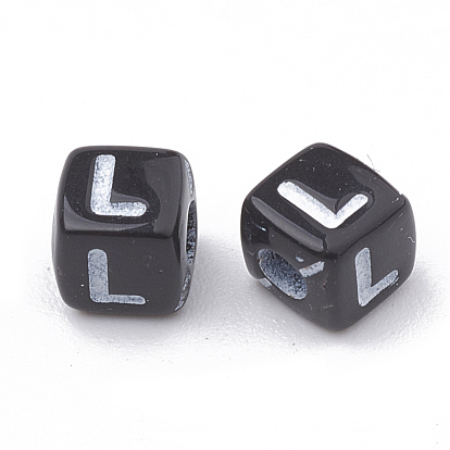 Opaque Horizontal Hole Acrylic Beads, Mixed Letters, Cube, Black & White