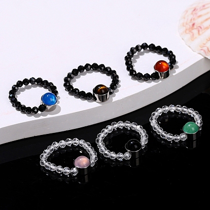 Natural Black Spinel Beads Finger Rings, Natural Gemstone Stretch Rings for Men Women