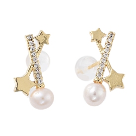 Natural Pearl Star Stud Earrings, Brass Micro Pave Cubic Zirconia Earrings with 925 Sterling Silver Pins