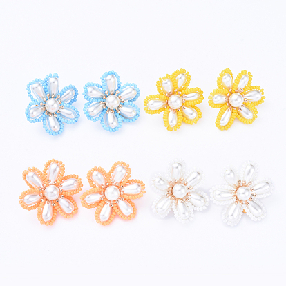 Brass Clip-on Earring, with ABS Plastic Imitation Pearl Cabochons, Flower