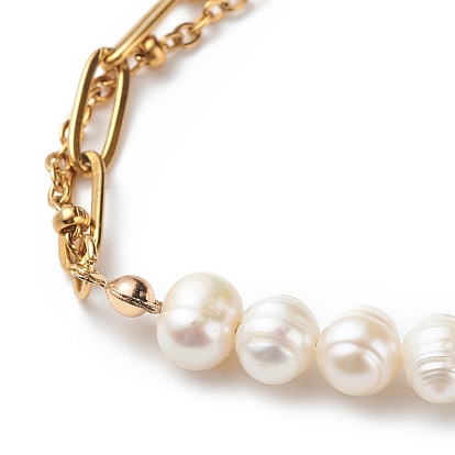 Pulsera de cuentas de arcilla polimérica y perla natural con 304 cadenas de clips de acero inoxidable para mujer
