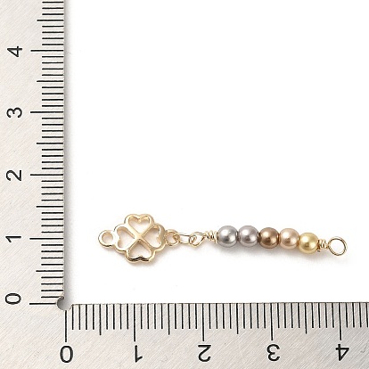 Encantos del conector del enlace del trébol de latón chapado en estante, con cuentas de perlas de imitación de plástico abs, real 18 k chapado en oro
