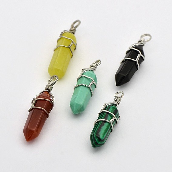 Faceted Bullet Platinum Plated Brass Gemstone Double Terminated Pointed Pendants, Dyed, 38~42x8~9mm, Hole: 3~6mm