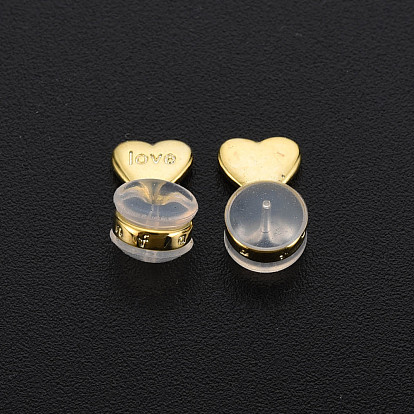 Silicone Ear Nuts, Earring Backs, with Brass Findings, Heart with Word Love, Cadmium Free & Nickel Free & Lead Free