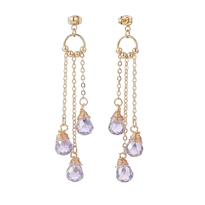 Bling Glass Teardrop Dangle Stud Earrings, Golden 304 Stainless Steel Chain Tassel Long Drop Earrings for Women