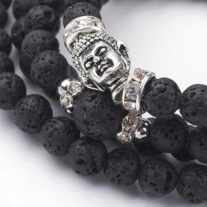 Natural Lava Rock Beaded Wrap Bracelets, 4-Loop, with Alloy Beads and Brass Rhinestone Bead Spacers