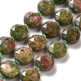 Natural Unakite Beads Strands, with Seed Beads, Faceted Hexagonal Cut, Flat Round