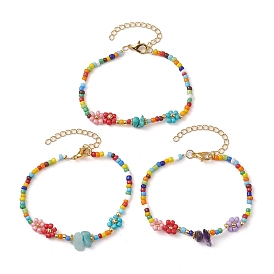 3Pcs 3 Style Natural & Synthetic Mixed Gemstone Chips Beaded Bracelets Set, Flower Glass Seed Stackable Bracelets