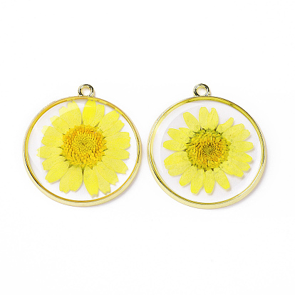 Transparent Clear Epoxy Resin Pendants, with Edge Golden Plated Alloy Loops, Flat Round Charms with Inner Flower