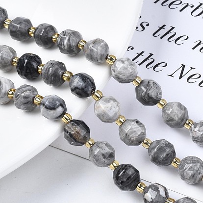 Brins de perles de pierre de carte naturelle/pierre picasso, avec des perles de rocaille, tambour à barillet bicône à facettes