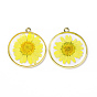 Transparent Clear Epoxy Resin Pendants, with Edge Golden Plated Alloy Loops, Flat Round Charms with Inner Flower