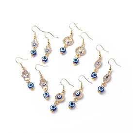 Crystal Rhinestone Dangle Earrings with Enamel Evil Eye, Brass Drop Earrings with Resin Beaded for Women, Golden