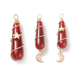 Dyed Natural Carnelian Pendants, with Golden Tone Brass Findings, Teardrop Charm