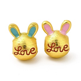 Rack Plating Alloy Enamel European Beads, Large Hole Bead, Rabbit with Word Love, Matte Gold Color