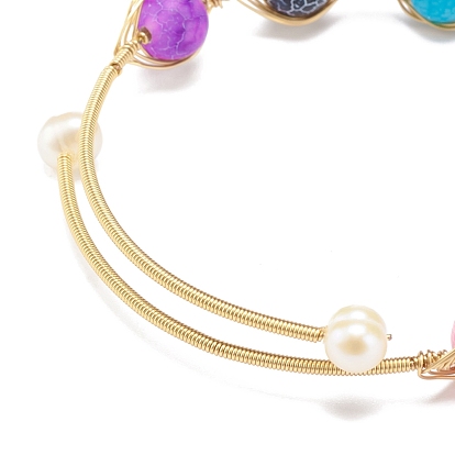 Bracelet de manchette perlé rond en agate patinée naturelle (teint), bijoux en fil de cuivre plaqué or pour femme