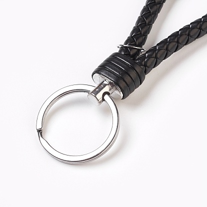 Porte-clés en cuir PU tressé, avec les accessoires en fer de platine plaqués, 130mm