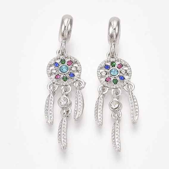 Alloy European Dangle Charms, with Rhinestone, Large Hole Pendants, Woven Net/Web with Feather, Platinum