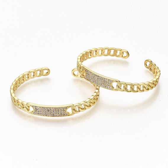 Brass Micro Pave Clear Cubic Zirconia Cuff Bangles, Nickel Free, Curb Chain Shape
