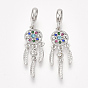 Alloy European Dangle Charms, with Rhinestone, Large Hole Pendants, Woven Net/Web with Feather, Platinum