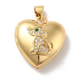Rack Plating Brass Micro Pave Clear Cubic Zirconia Locket Pendants, Cadmium Free & Lead Free, Long-Lasting Plated, Heart with Dog Pattern