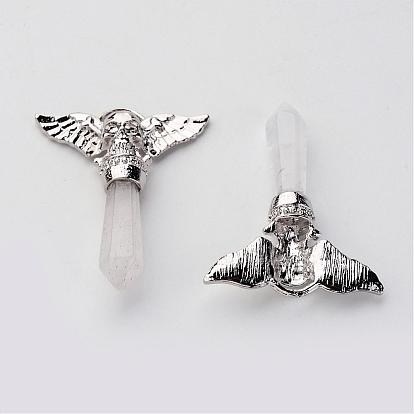 Brass Gemstone Pendants, Bullet with Skull & Wing, Platinum, Pointed Pendant, 48~50x36x8mm, Hole: 3mm