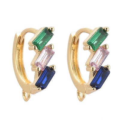 Brass Micro Pave Colorful Cubic Zirconia Huggie Hoop Earring Findings, with Horizontal Loop, Long-Lasting Plated