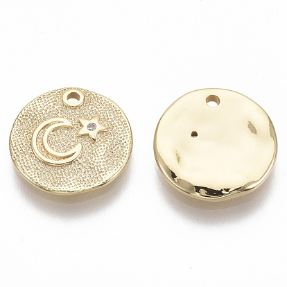 Brass Micro Pave Cubic Zirconia Charms, Nickel Free, Flat Round with Moon & Star, Clear
