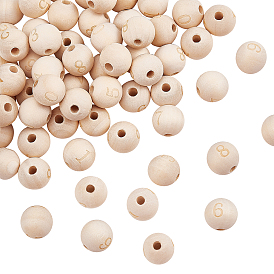 Olycraft 50 nombre de pièces 0 à 9 perles européennes en bois naturel non fini, Perles avec un grand trou   , motif gravé au laser, ronde