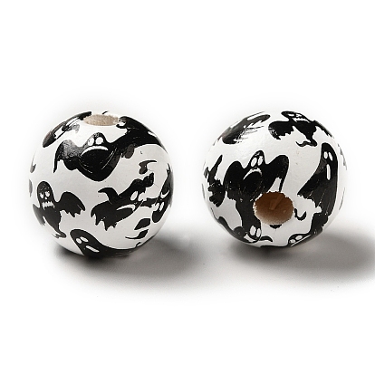 Perles européennes en bois rondes imprimées, thème halloween perles à gros trous