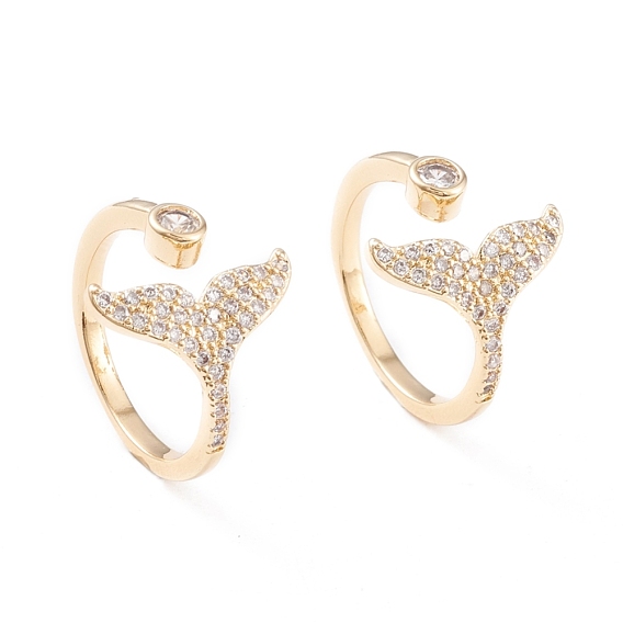 Brass Micro Pave Clear Cubic Zirconia Cuff Rings, Open Rings, Long-Lasting Plated, Fishtail
