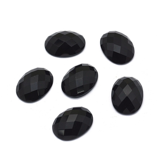 Natural Black Agate Cabochons, Faceted, Oval