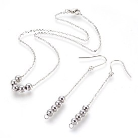 304 Stainless Steel Pendant Necklaces and Dangle Earrings Jewelry Sets, with Lobster Claw Clasps, Round