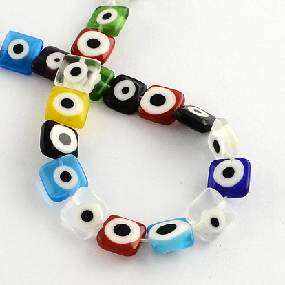 Square Handmade Evil Eye Lampwork Beads Strands, 10x10x4mm, Hole: 1mm, about 38pcs/strand, 14.5 inch