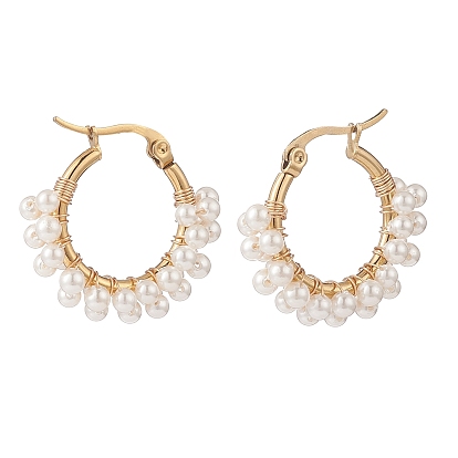 Shell Pearl Beaded Hoop Earrings, Golden Brass Wire Wrap Jewelry for Women