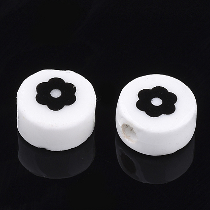 Handmade Porcelain Beads, Flat Round with Flower