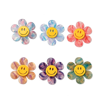 Gros pendentifs en acrylique bicolore, fleur avec le visage souriant