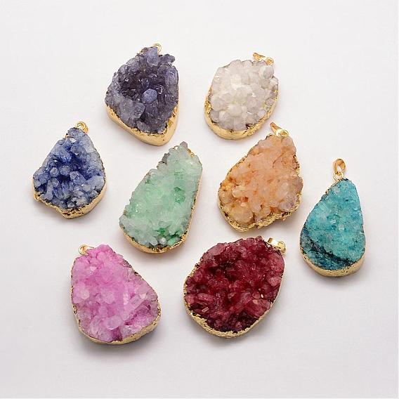 Electroplate Natural Druzy Quartz Crystal Pendants, Dyed, with Golden Plated Brass Finding, Drop