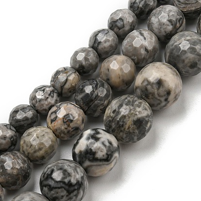 Natural Map Stone/Picasso Stone/Picasso Jasper Beads Strands, Faceted(128 Facets), Round