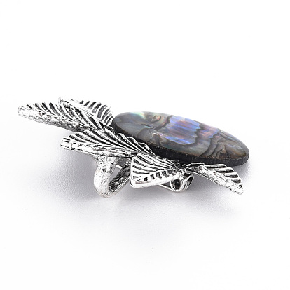 Natural Shell Oval with Leaf Brooch, Alloy Badge with Loop for Jewelry Pendant, Cadmium Free & Lead Free, Antique Silver