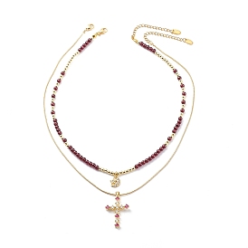 2Pcs 2 Style Cubic Zirconia Cross & Moon Pendant Necklaces Set with Natural Garnet Beaded, Gemstone Jewelry for Women