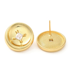 Rack Plating Brass with Cubic Zirconia Flat Round Stud Earrings for Women, Long-Lasting Plated, Cadmium Free & Lead Free