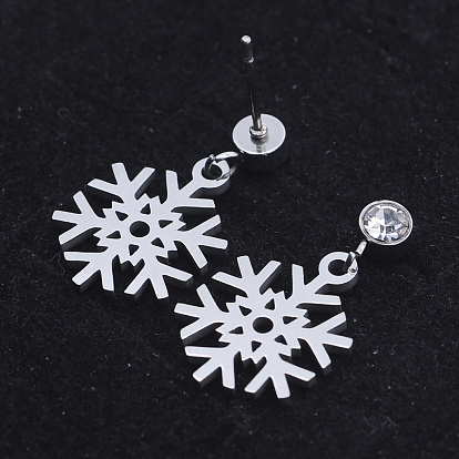 201 Stainless Steel Dangle Stud Earrings, with Clear Cubic Zirconia, Snowflake