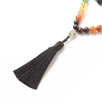7 Chakra Buddhist Necklace, Natural & Synthetic Mixed Gemstone Round Beaded Necklace with Alloy Buddha Head and Big Tassel for Women