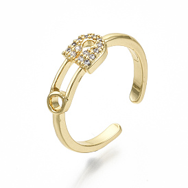Brass Micro Pave Cubic Zirconia Cuff Rings, Open Rings, Cadmium Free & Nickel Free & Lead Free, Safety Pin Shape