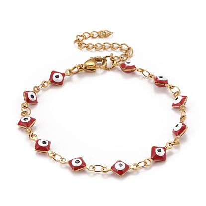 Enamel Rhombus with Evil Eye Link Chains Bracelet, 304 Stainless Steel Jewelry for Women