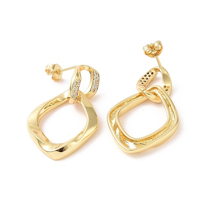 Boucles d'oreilles pendantes en forme de losange à double torsion avec zircone cubique transparente, bijoux en laiton pour femmes